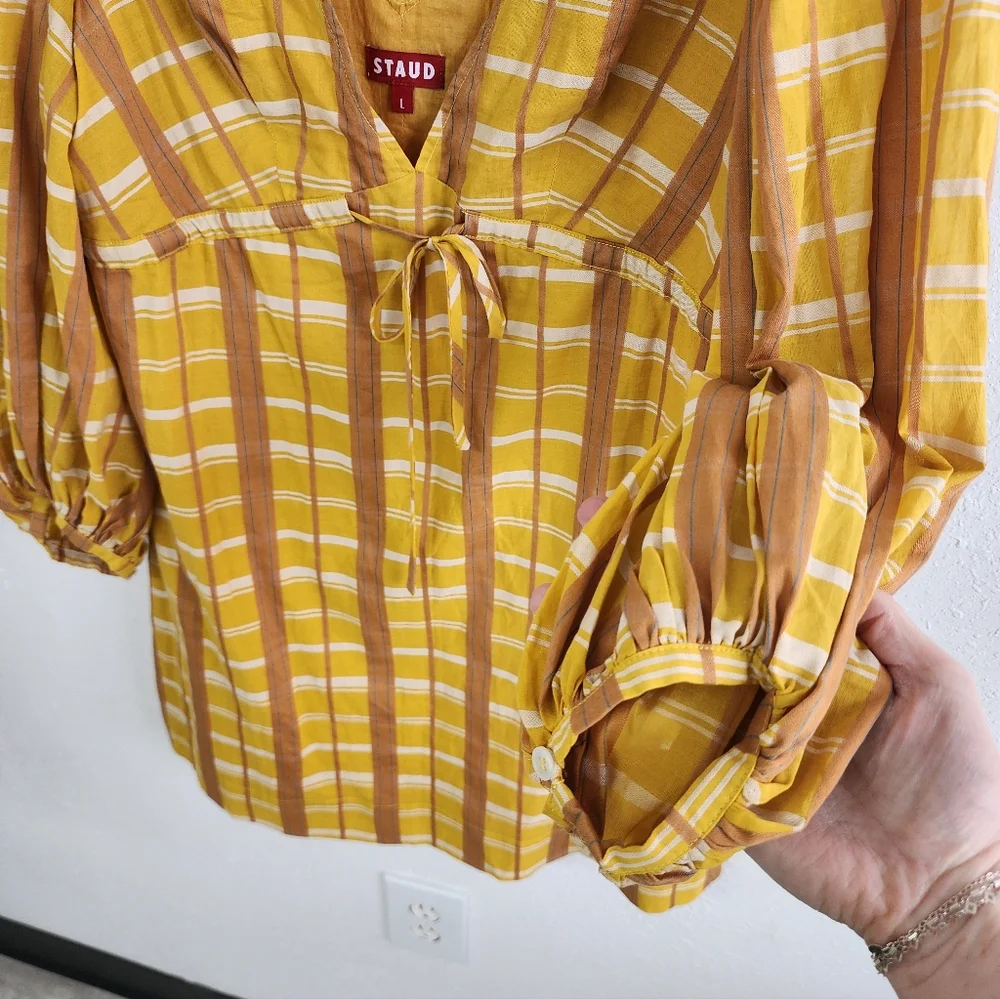 STAUD Keshi Dress Mustard Plaid Long Sleeve Mini Dress V neckline Size Large - Picture 6 of 7